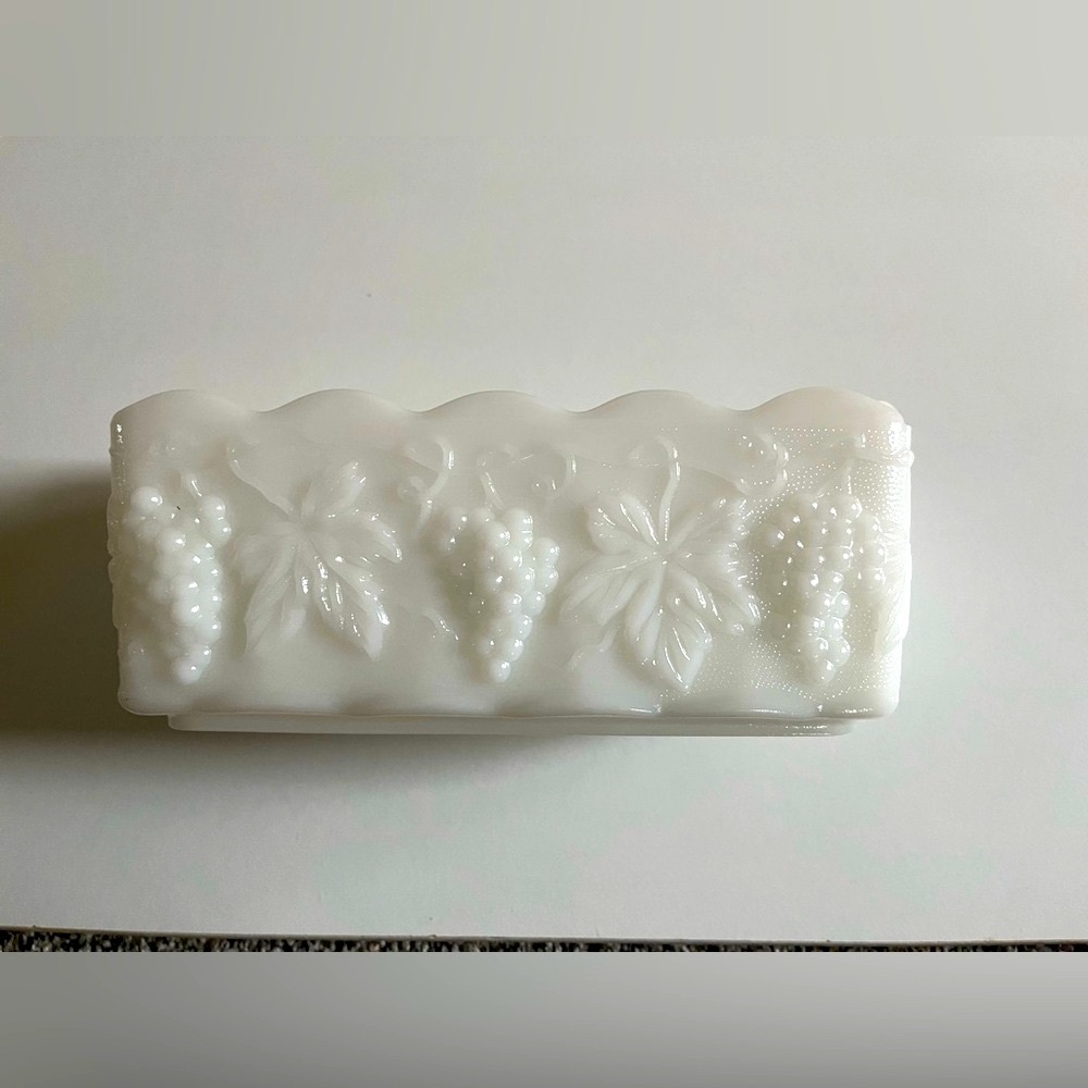 Vintage Fire King Opaque White Glass Rectangular loaf bread dish pan grapes leaf